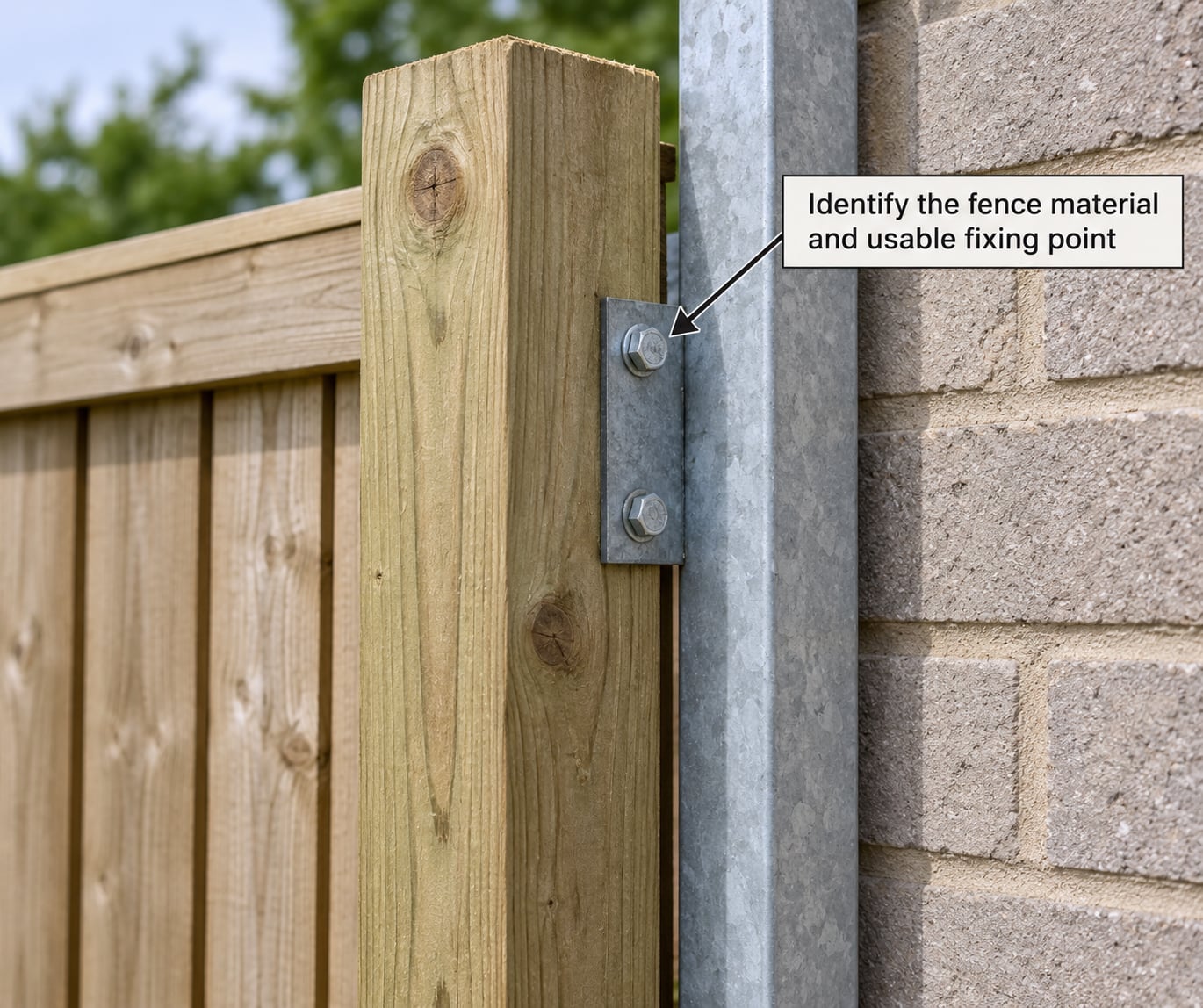 Identify the fence material and usable fixing point