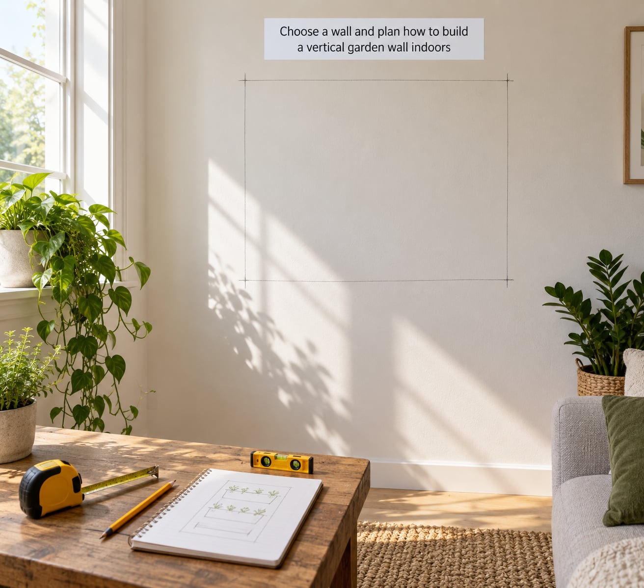 Choose a wall and plan how to build a vertical garden wall indoors
