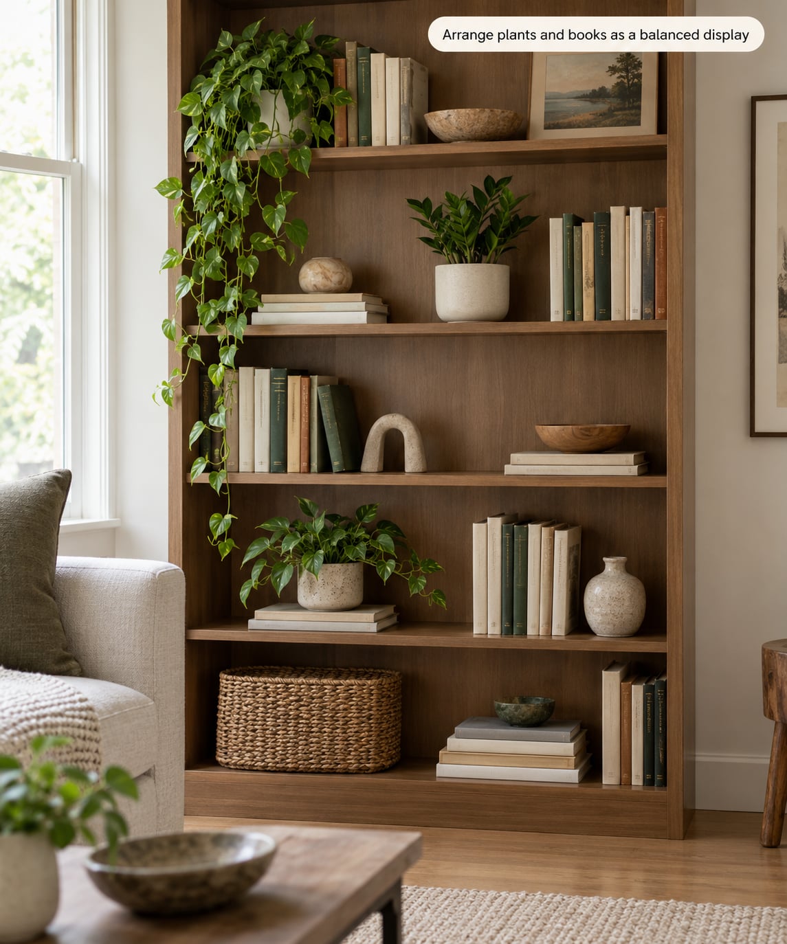 Arrange plants and books as a balanced display